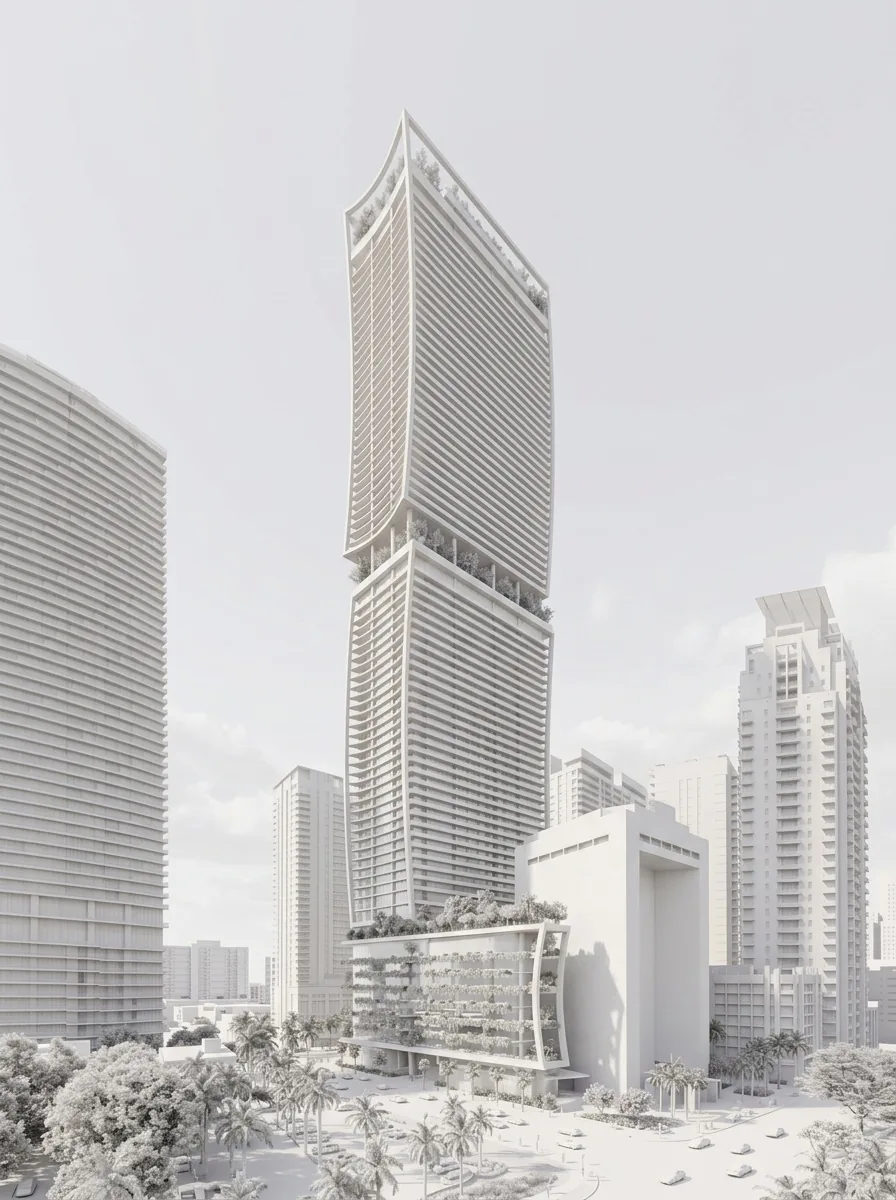 Untextured white massing study of a curved residential tower in a city block