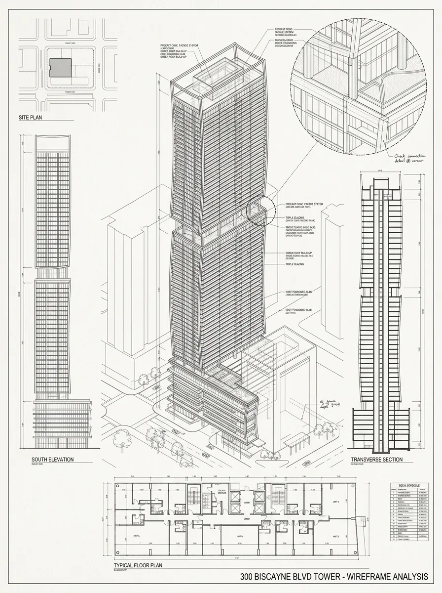 Wireframe analysis sheet for a tower: site plan, south elevation, transverse section, typical floor plan and a corner construction detail