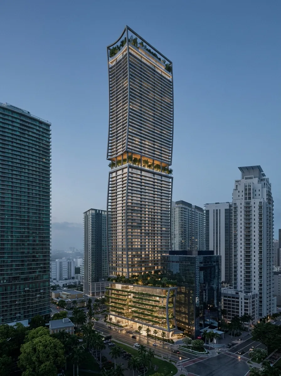 Photoreal dusk render of the same tower, lit, with planted terraces and traffic below