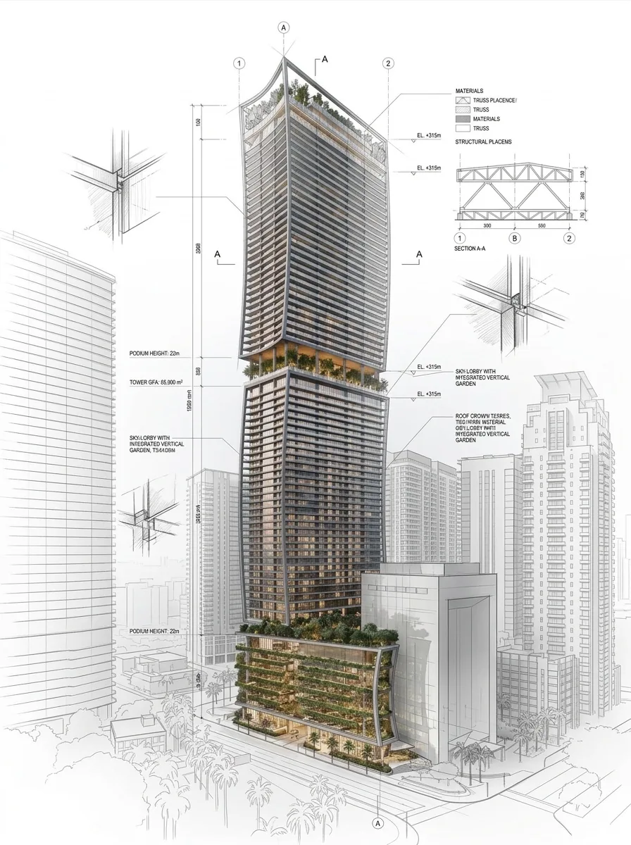 Annotated presentation board of the same tower carrying material callouts, podium heights and gross floor area figures