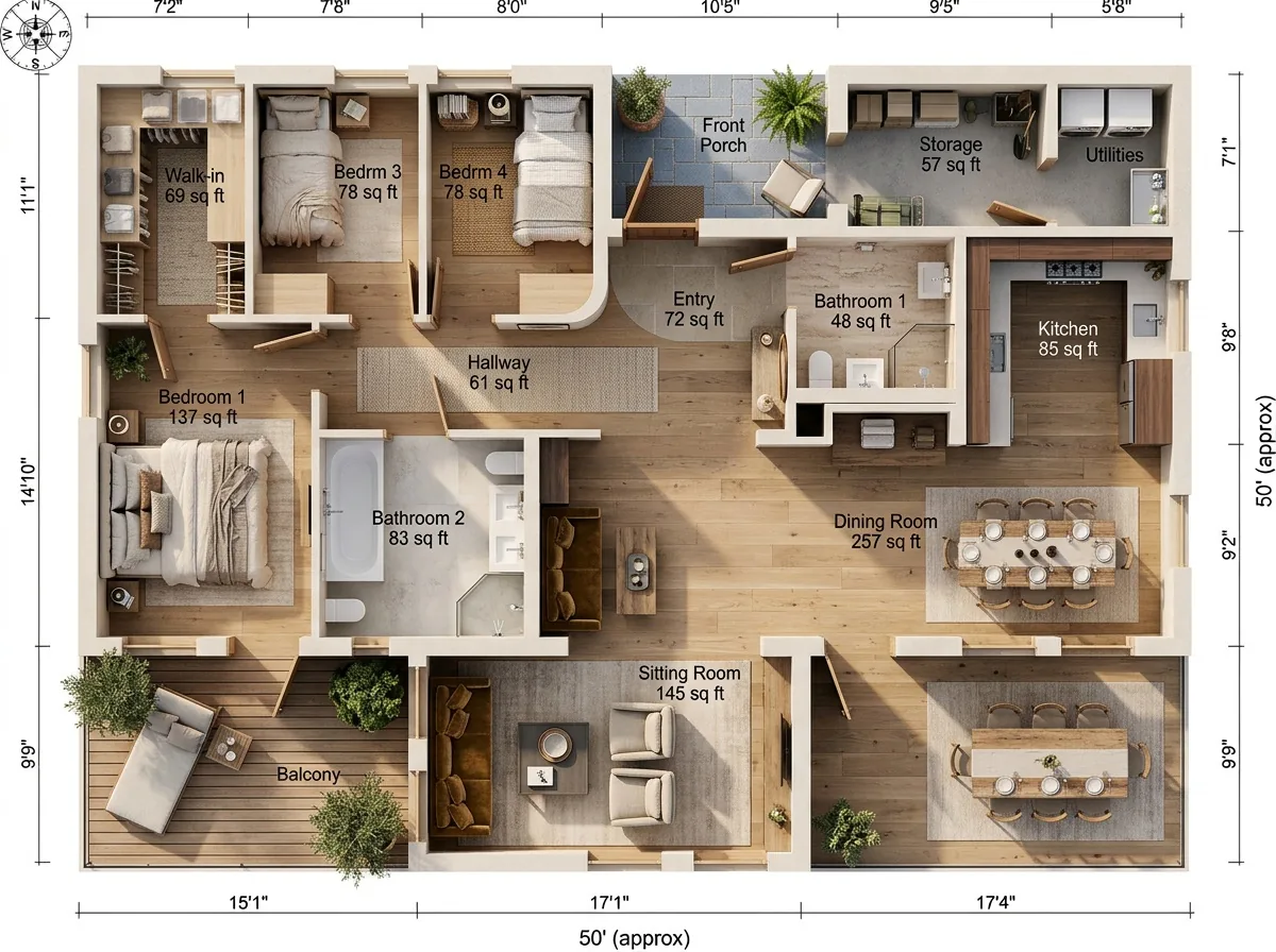 The same floor plan rendered in 3D, furnished and textured, with every room label and dimension still legible