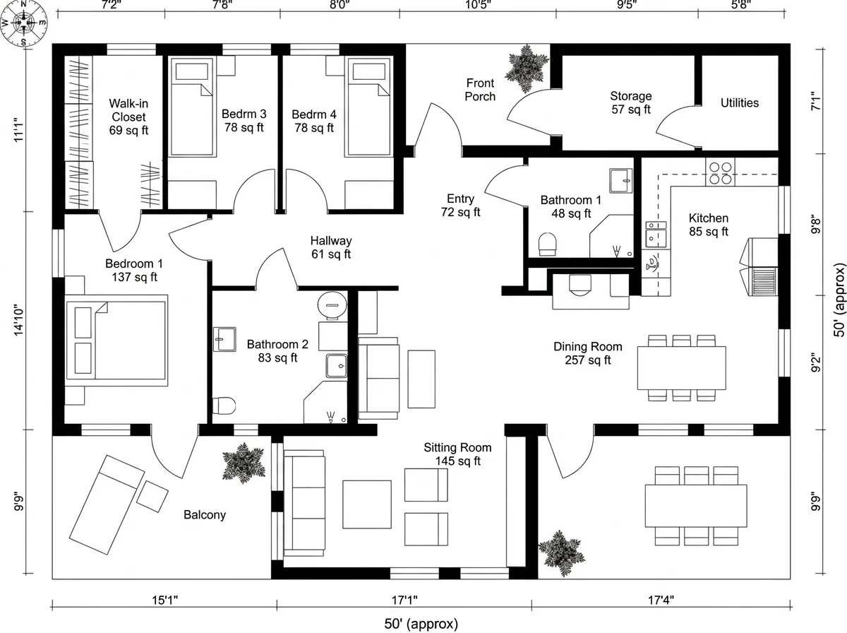 Dimensioned 2D floor plan of a four-bedroom single-storey house with room names and square footage