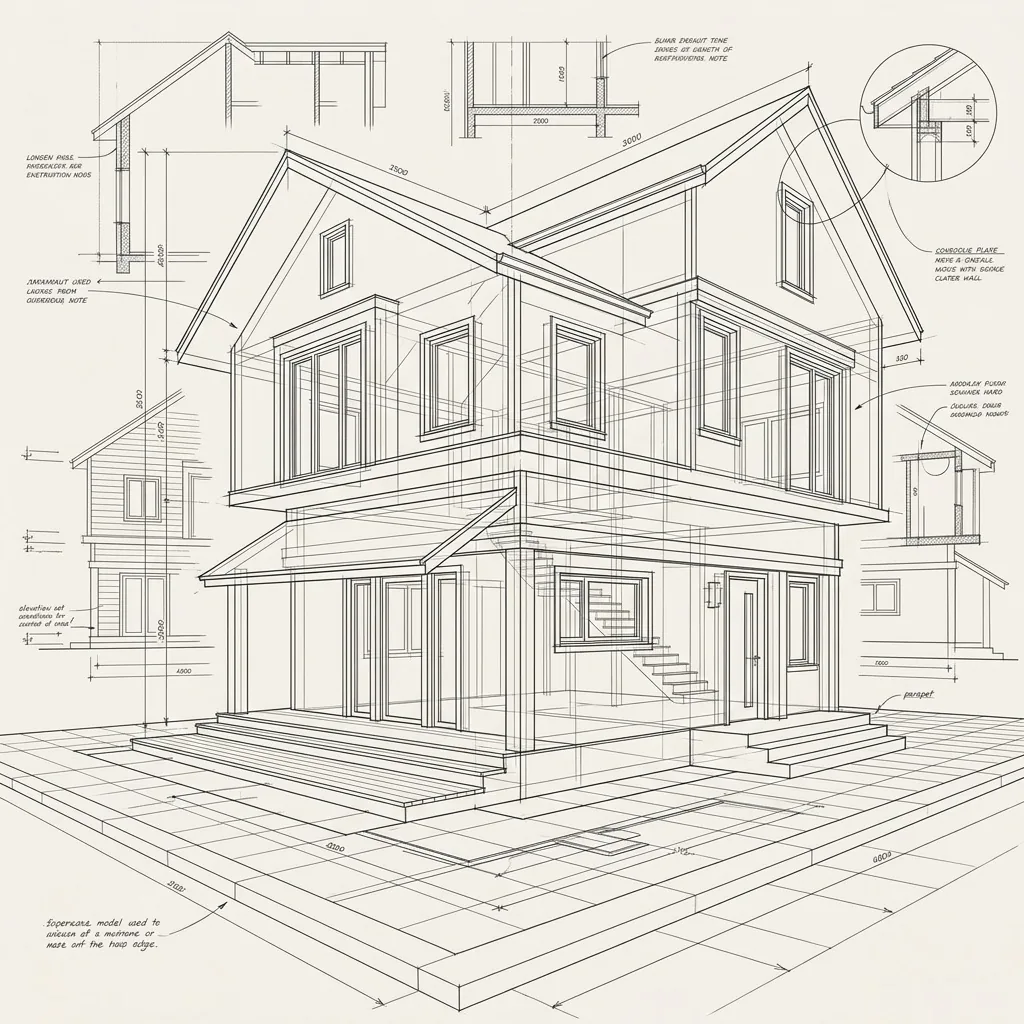 Hand-drawn construction sketch of a two-storey house with dimension lines and margin notes
