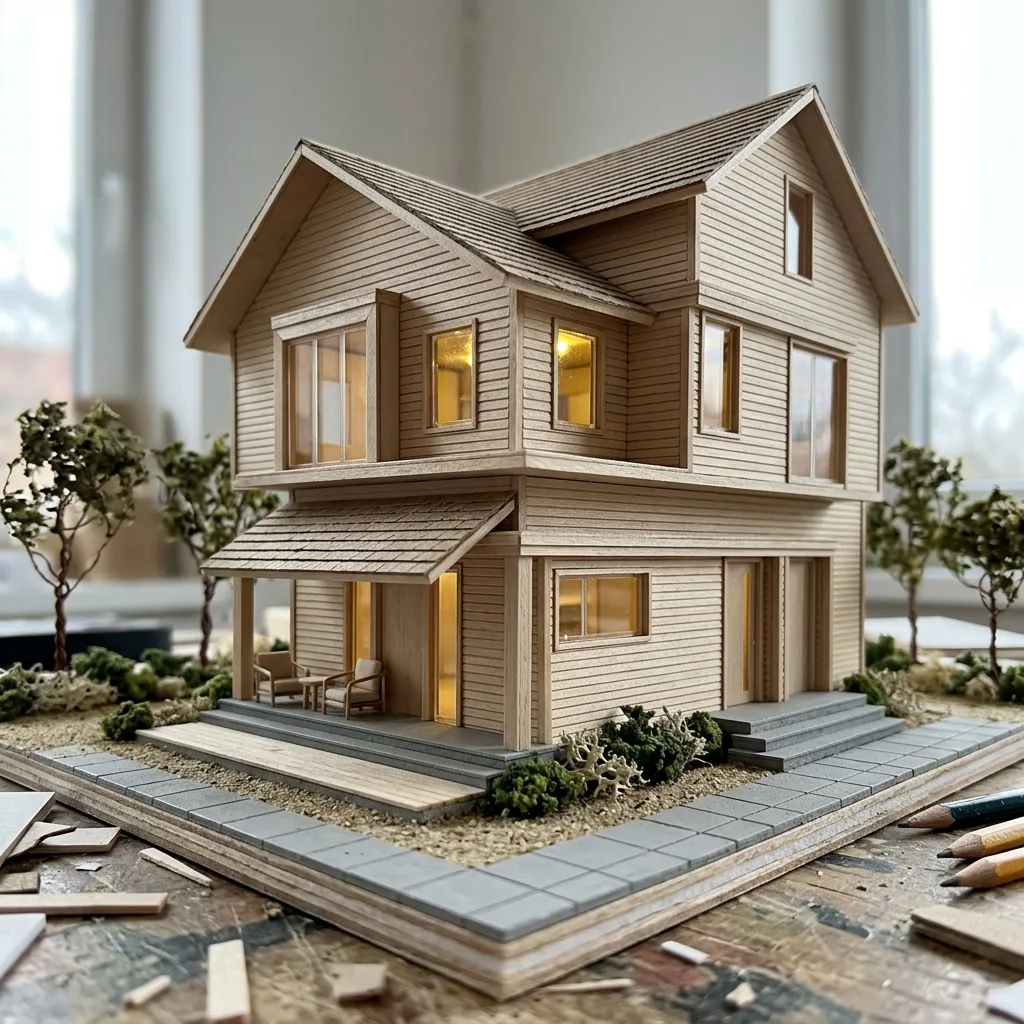 Photographed basswood scale model of the same house on a workbench, lit from within