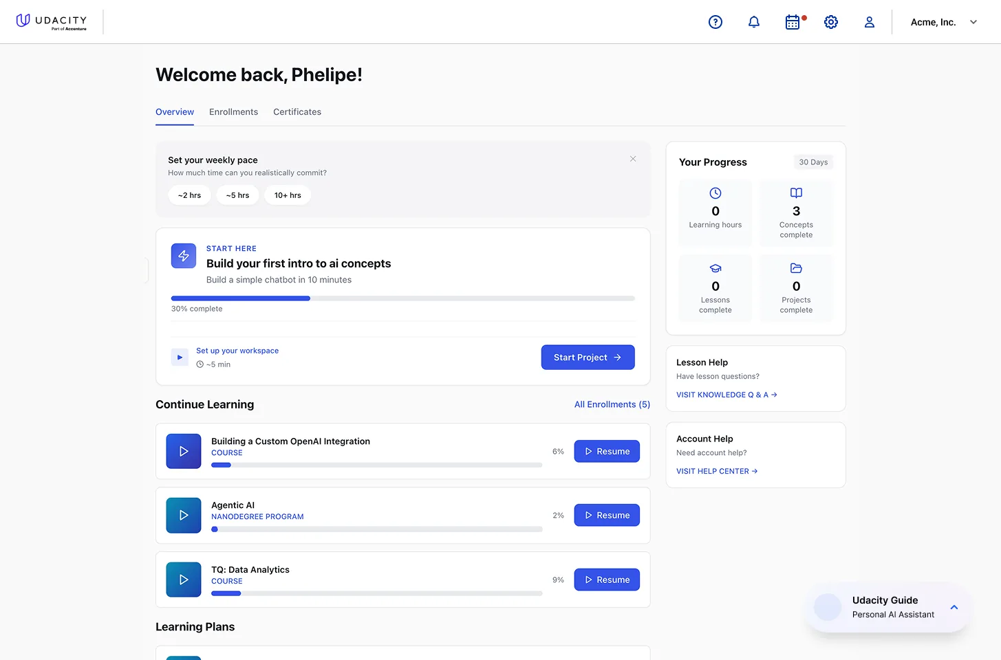 Dashboard with the weekly pace prompt and continue learning