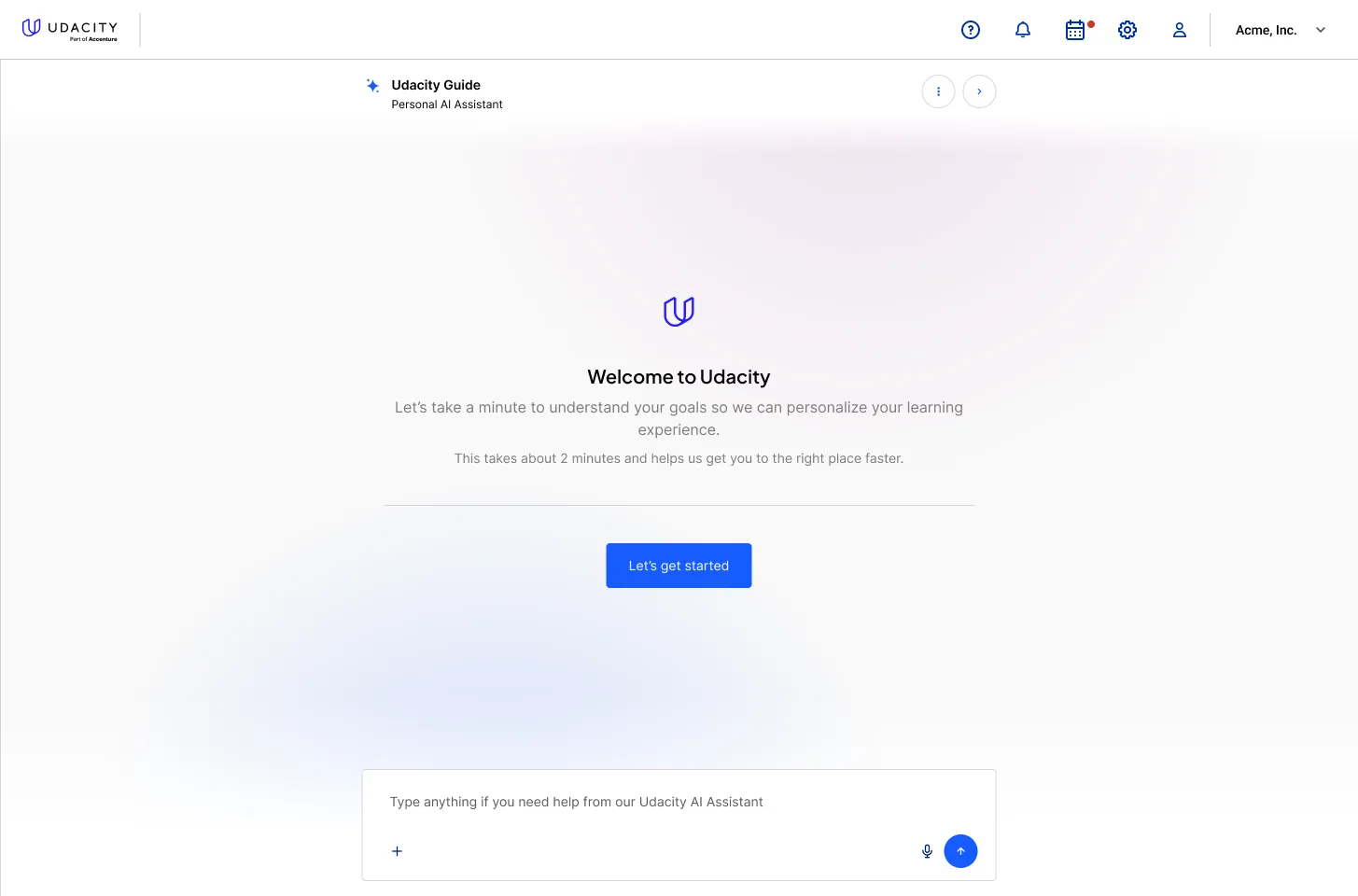 Onboarding welcome screen, full page