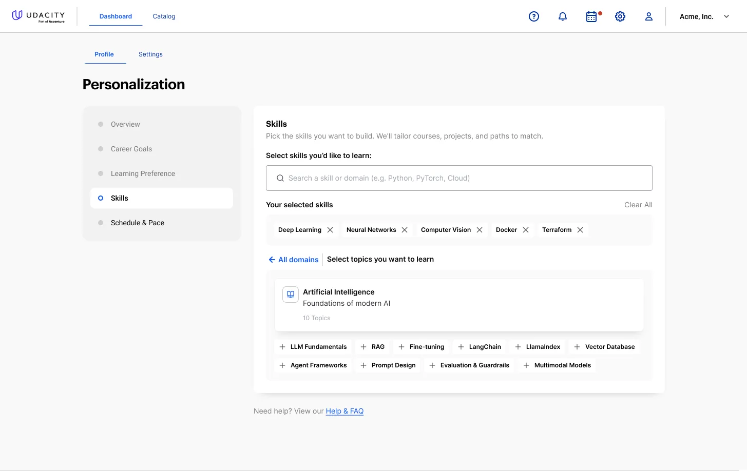 Topics selected within a domain