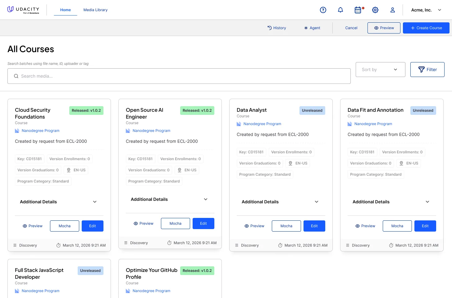 Studio course list with release status