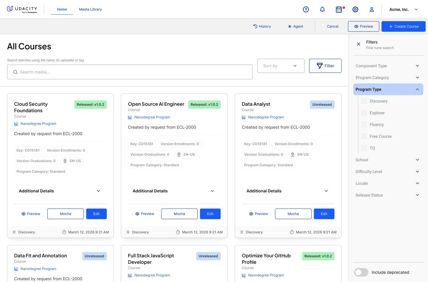 Filtering by component type, program, school, level and release status