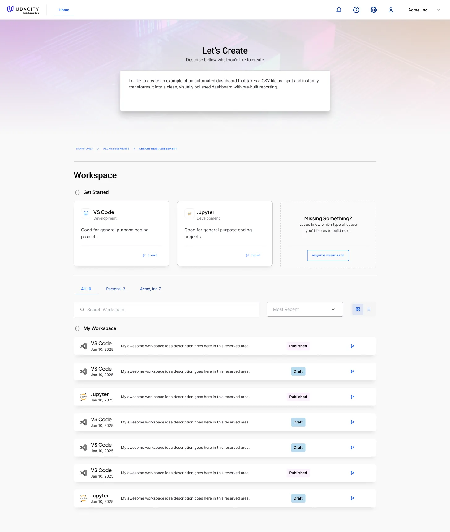 A described project and the workspace list view